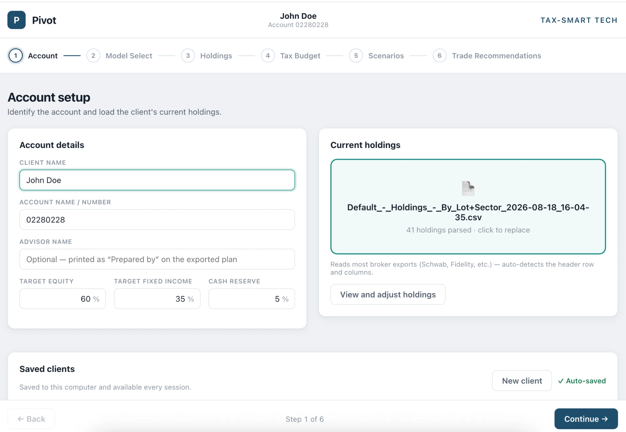 Pivot account step: client name, account number, target allocation, and a holdings CSV that has been loaded