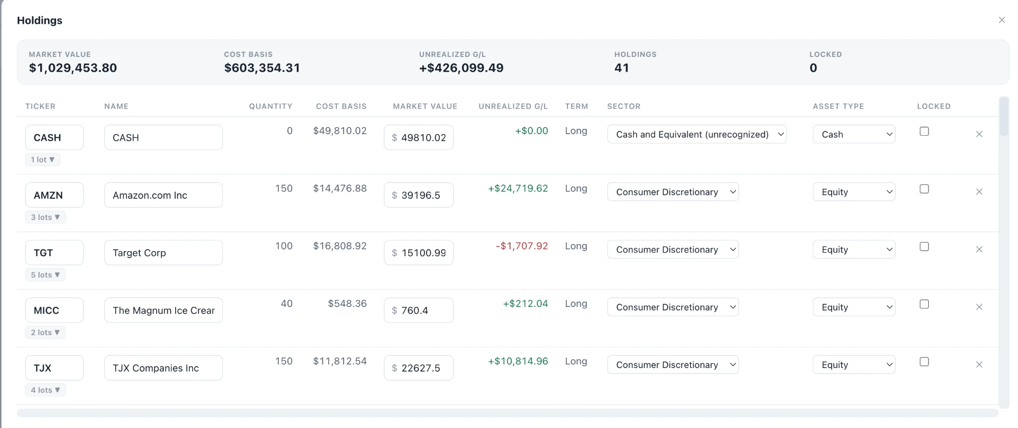 Pivot holdings editor listing each position with cost basis, market value, unrealized gain or loss, and sector