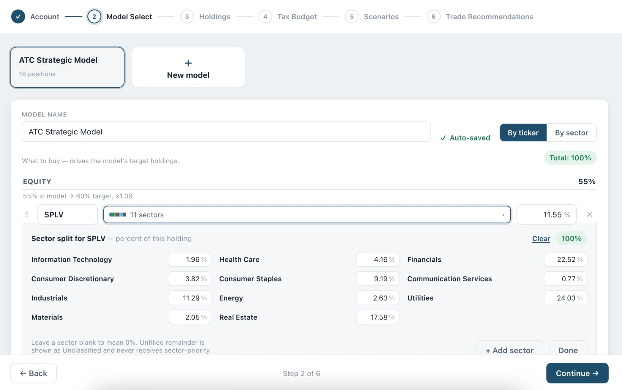 Pivot model step: building a target model by ticker, with a sector split for one fund