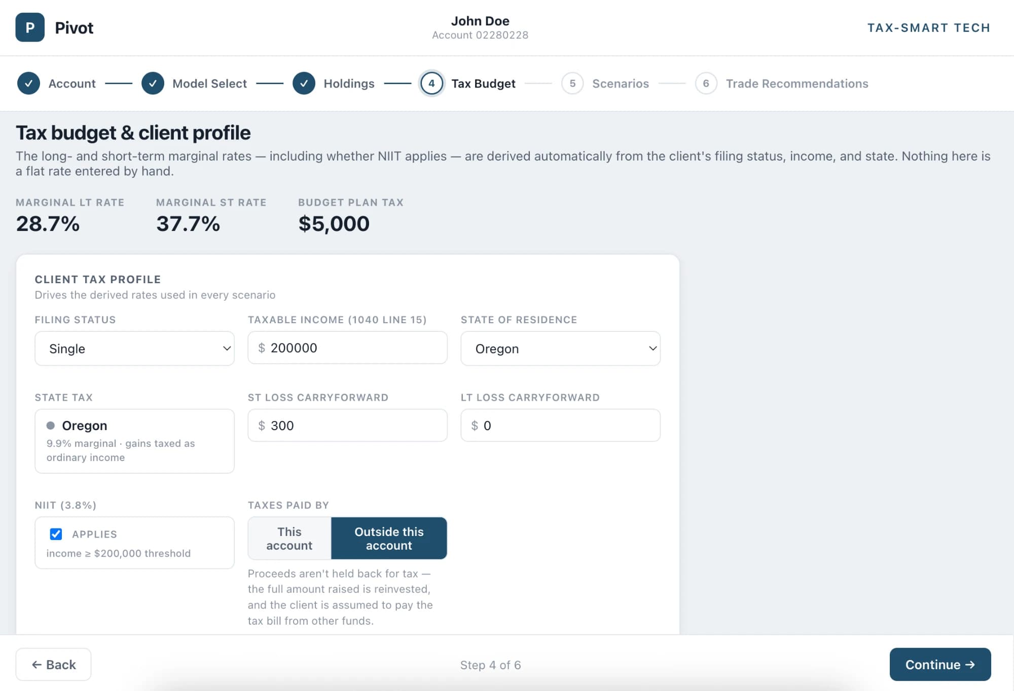 Pivot tax budget step: client tax profile that derives marginal rates and the budget plan tax